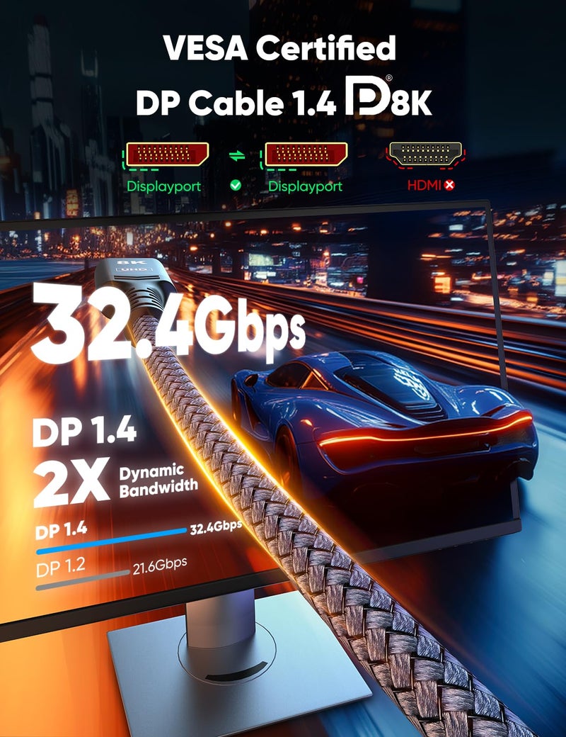 Capshi 8K 4K DisplayPort Cable 1.4, 3.3FT DP Cord (VESA Certified, 8K@60Hz, 4K@144Hz, 2K@240Hz/165Hz), 32.4Gbps High Speed Display Port Cable for Gaming Monitor, HDR/FreeSync/G-Sync, Braided, Grey - Image 3